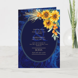 4pg Spanish BODA invitations, Blue Sunflowers Car Card