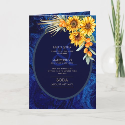 4pg Spanish BODA invitations Blue Sunflowers  Car Card