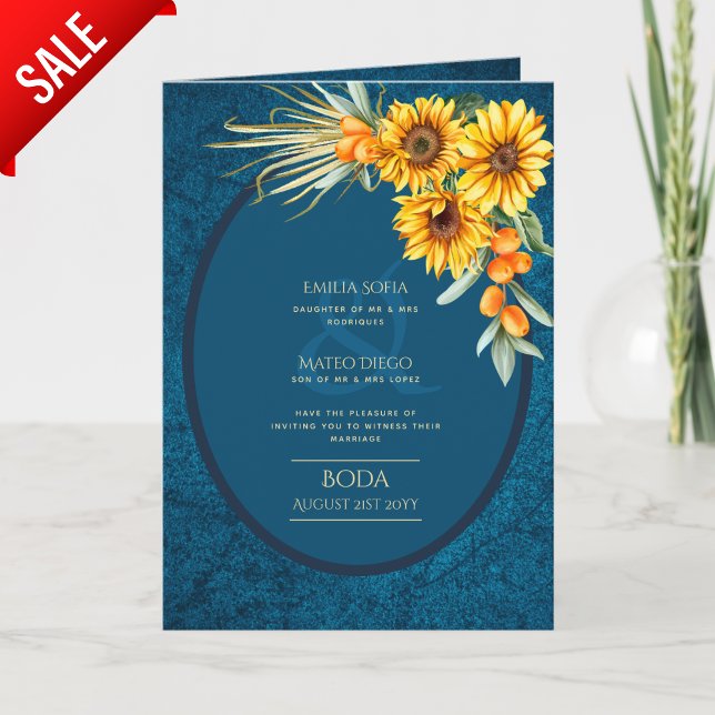 4pg Spanish BODA Invitations Navy Blue Sunflowers (Creator Uploaded)