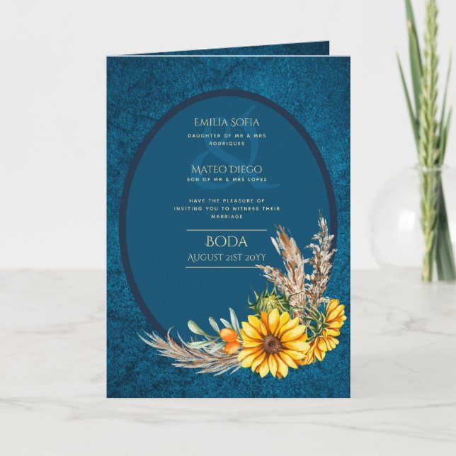 4pg Spanish BODA Invitations Navy Blue Sunflowers (Front)