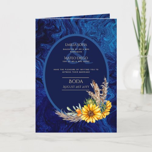 4pg Spanish BODA Invitations Royal Blue Sunflowers