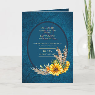 4pg Spanish BODA Invitations Teal Blue Sunflowers