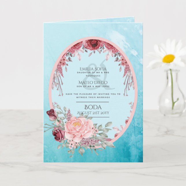 4pg Spanish BODA Invite Teal Aqua Blue Burgundy (Small Plant)