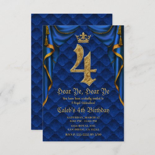 4TH 4 FOUR Birthday Party Royal Blue Gold Crown    Invitation