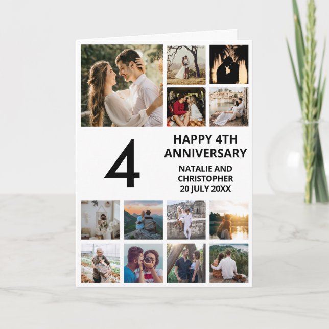 4th Anniversary 13 Photo Collage Black and White Card (Front)