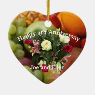 4th Anniversary, Fruit and Flowers,  Heart Ceramic Ornament