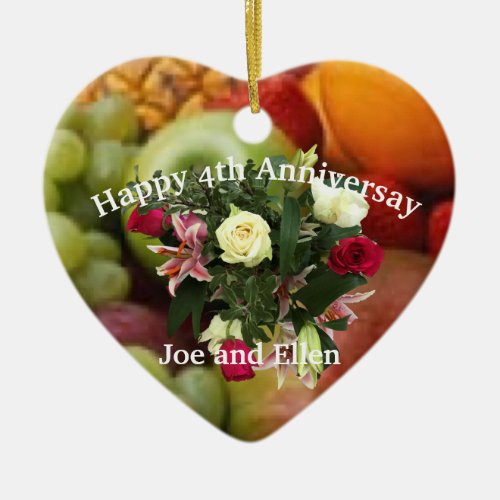 4th Anniversary Fruit and Flowers  Heart Ceramic Ornament