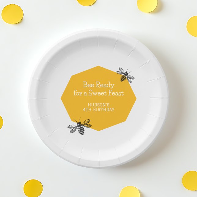 4th Bee Honeycomb Modern Fourth Birthday Party Paper Plates (4th Bee Honeycomb Modern Fourth Birthday Party Paper Plates)