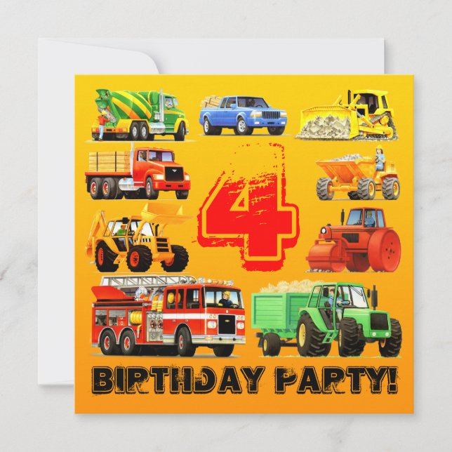 4th Big Truck Birthday Party Invitation (Front)