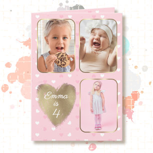 4th Birthday 3 Picture Collage Gold Pink Hearts Card