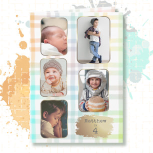 4th Birthday 5 Picture Plaid Watercolor Modern Card