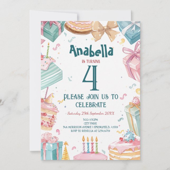 4th birthday and Cakes Kids Birthday Party  Invitation (Front)
