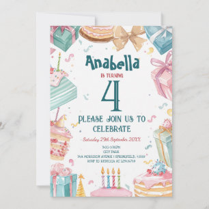 4th birthday and Cakes Kids Birthday Party Invitation