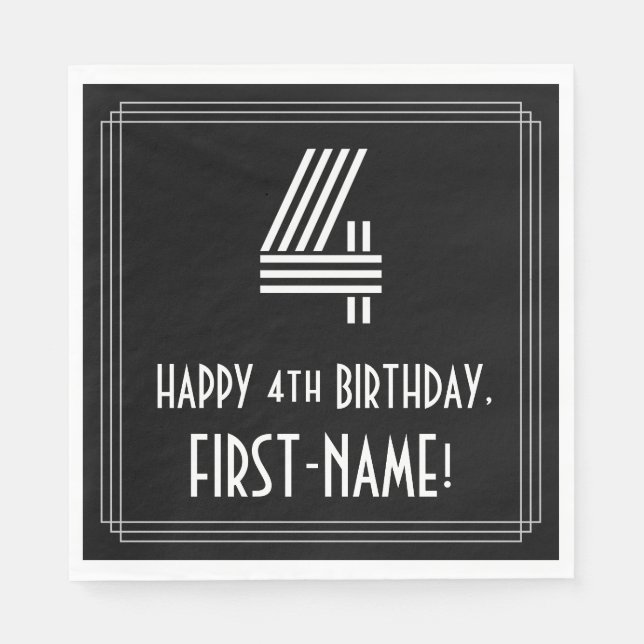4th Birthday: Art Deco Inspired Look "4" + Name Napkins (Front)