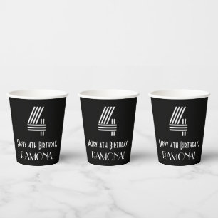 4th Birthday — Art Deco Inspired Look “4” + Name Paper Cups