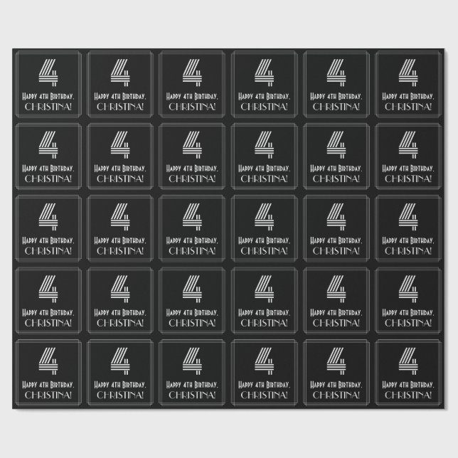 4th Birthday: Art Deco Inspired Look "4" w/ Name Wrapping Paper (Flat)