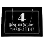 [ Thumbnail: 4th Birthday: Art Deco Inspired Style "4", Name Gift Bag ]