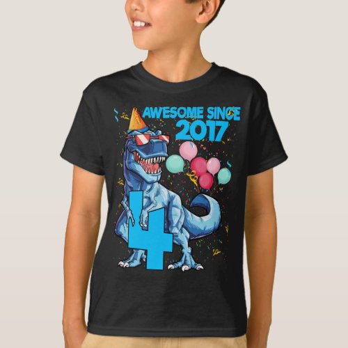 4th Birthday Awesome Since 2017 Dinosaur T_Shirt