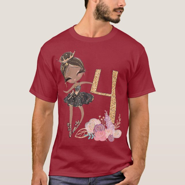 4th Birthday Ballerina Dancer Ballet Black Girl T-Shirt (Front)