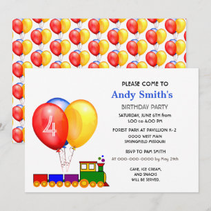 4th Birthday Balloons a Train Party Invitation 