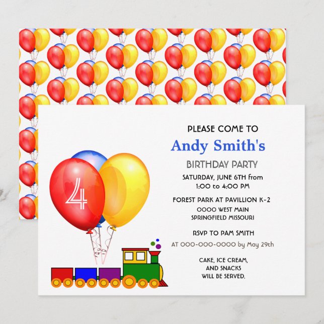 4th Birthday Balloons a Train Party Invitation  (Front/Back)