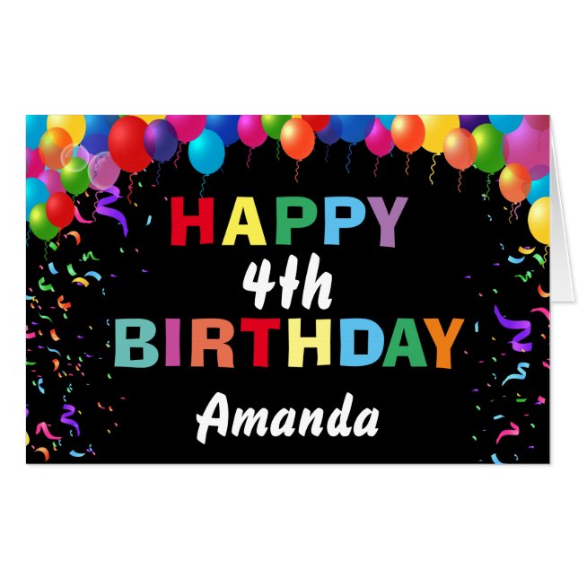 4th Birthday Balloons Black Extra Large Jumbo Card (Front Horizontal)