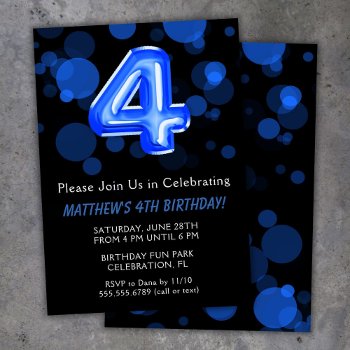4th Birthday Balloons Kids Blue Boy Party Invitation by WittyPrintables at Zazzle