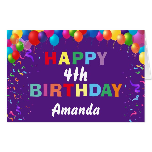 4th Birthday Balloons Purple Extra Large Jumbo Card (Front Horizontal)