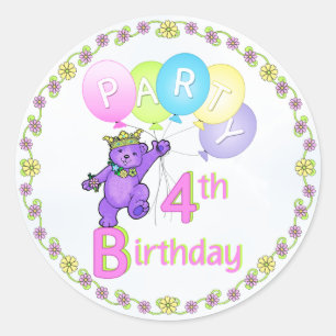 4th Birthday Bear Princess Balloons Classic Round Sticker