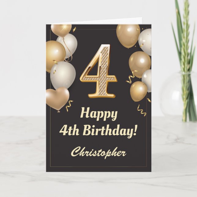 4th Birthday Black and Gold Balloons Confetti Card (Front)