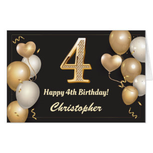 4th Birthday Black and Gold Balloons Extra Large Card