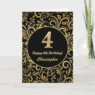 4th Birthday Black and Gold Floral Pattern Card