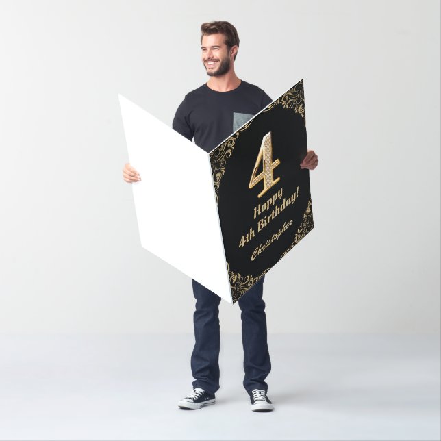 4th Birthday Black and Gold Glitter Extra Large Card (In Situ)