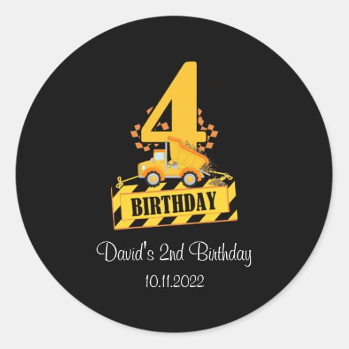 4th Birthday Black and Yellow Construction Truck  Classic Round Sticker