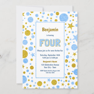 4th Birthday Blue and Gold Glitter Party Invitation