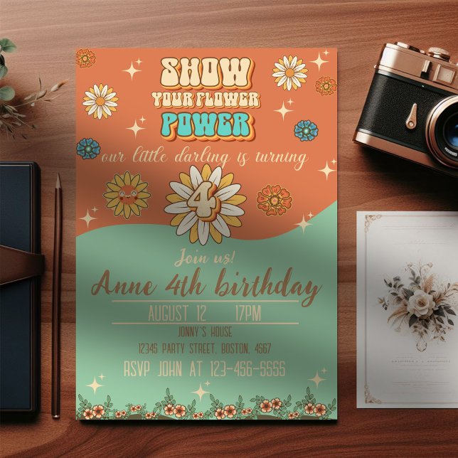 4th birthday bohemian groovy style retro invitation (Creator Uploaded)
