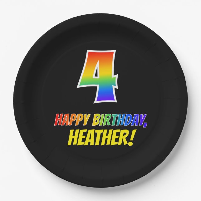 4th Birthday: Bold, Fun, Simple, Rainbow 4 Paper Plates (Front)