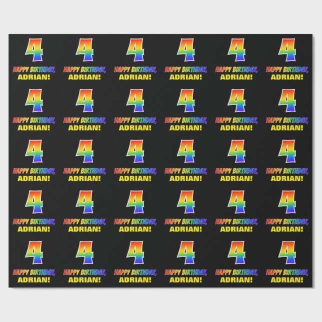4th Birthday: Bold, Fun, Simple, Rainbow 4 Wrapping Paper (Flat)