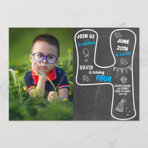 4th Birthday Boy Chalkboard with Photo Blue Number Invitation