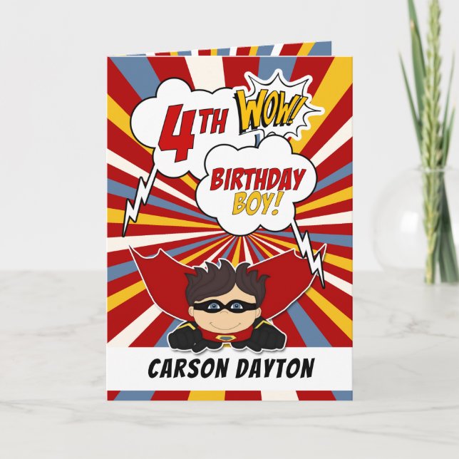 4th Birthday Boy Superhero Comic Theme Card (Front)