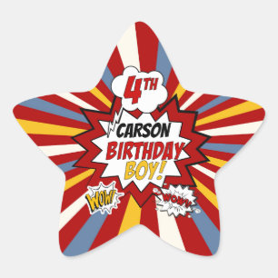 4th Birthday Boy Superhero Comic with Name Star Sticker