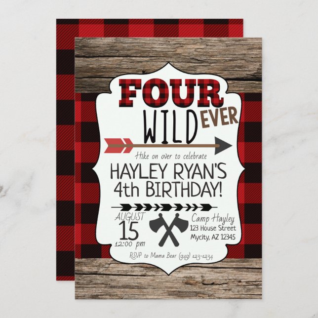 4th Birthday Boys Forever Wild Lumberjack Theme Invitation (Front/Back)