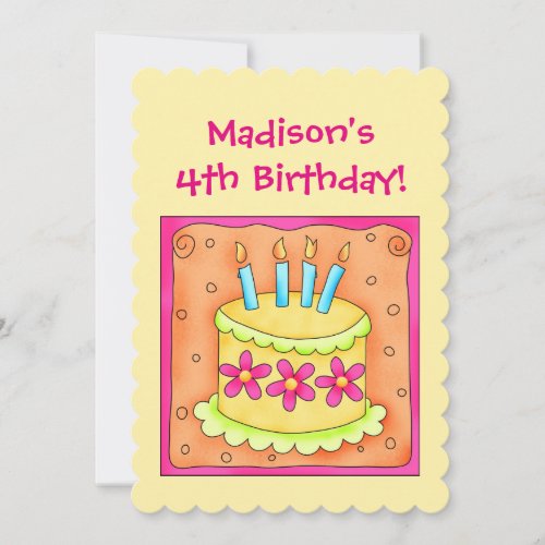 4th Birthday Cake Art Personalize Party Invitation