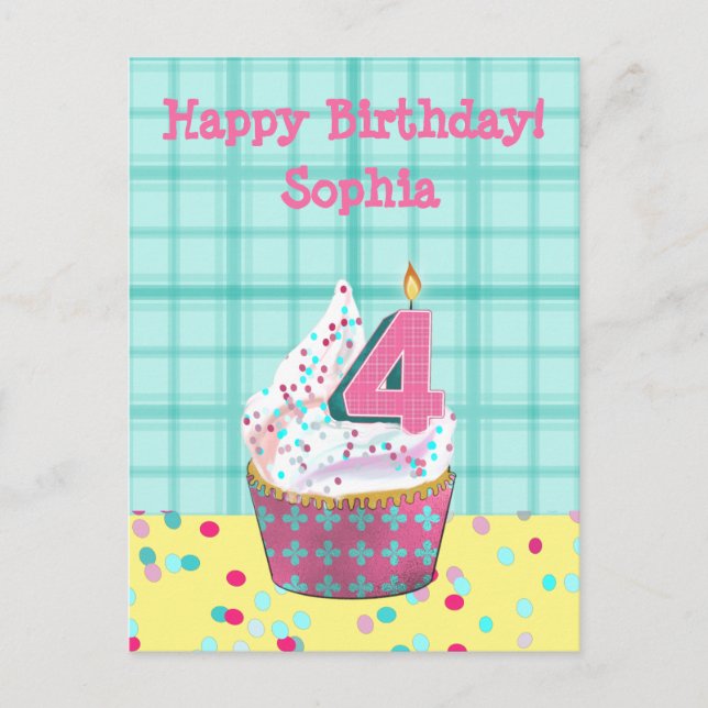 4th Birthday Candle | Pink Turquoise Foil Cupcake Postcard (Front)