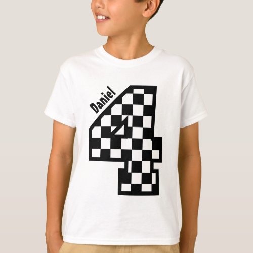 4th Birthday Checkered Four Year Black and White T_Shirt