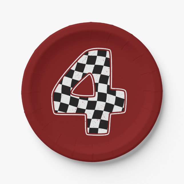4th Birthday Checkered Number 4 Car Racing Flag  Paper Plates (Front)