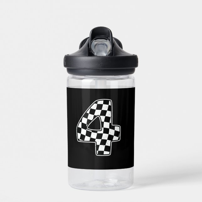 4th Birthday Checkered Number 4 Car Racing Flag  Water Bottle (Front)