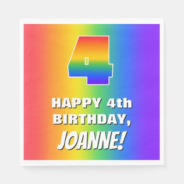4th Birthday: Colorful, Fun Rainbow Pattern # 4 Napkins (Front)