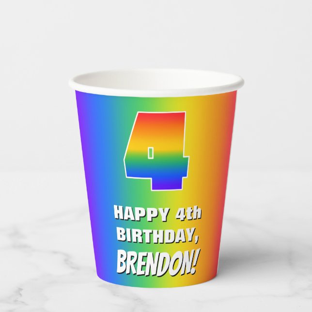 4th Birthday: Colorful, Fun Rainbow Pattern # 4 Paper Cups (Back)