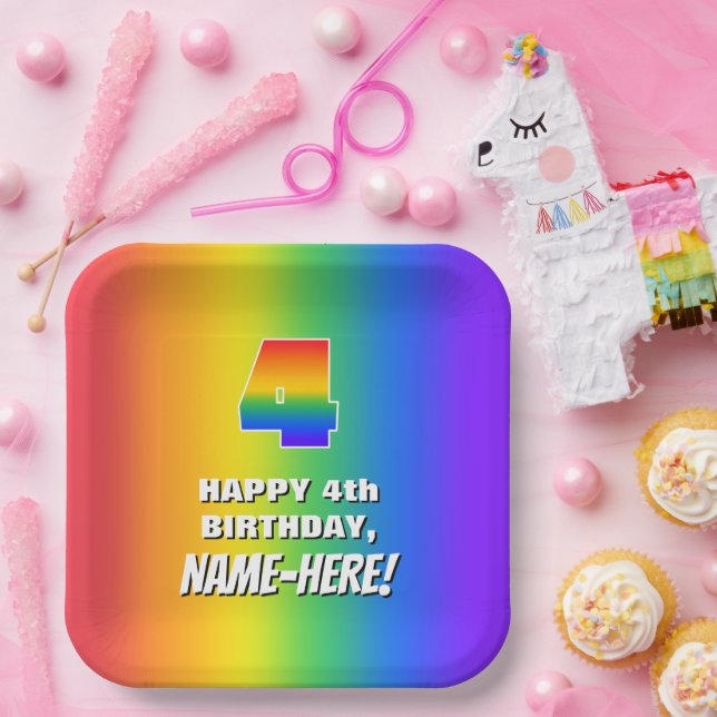 4th Birthday: Colorful, Fun Rainbow Pattern # 4 Paper Plates (Party)